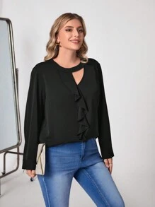 SHEIN Clasi Talla grande Blusa ribete con fruncido con abertura - Negro - Ver 5