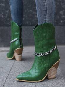 Western Style Women's Snake Pattern Green Boots With Faux Wood Heel And Chain Detail - Random Fabric Texture - Green - View 2