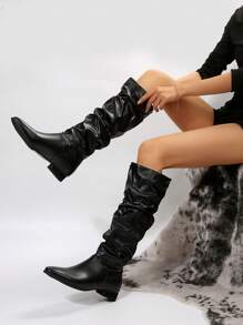 女士休閒平底/低跟長筒靴,女士新款時尚多功能黑色鞋子,適合休閒長靴。 - 黑色 - 查看 1