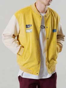 Manfinity EZcore Loose Fit Men's Lettered & Striped Trim Drop Shoulder Bomber Jacket - Mustard Yellow - View 3