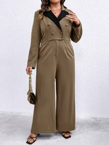 SHEIN Privé Plus Contrast Lapel Collar Double Breasted Wide Leg Jumpsuit - Brown - View 6