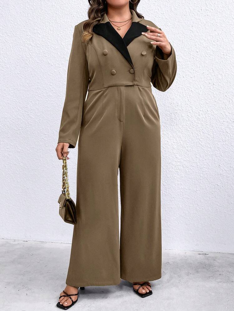 Plus Contrast Lapel Collar Double Breasted Wide Leg Jumpsuit