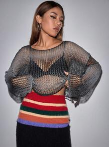 Flirla Hollow Out Drop Shoulder Sweater Without Bra Knit Pullover Fall Winter Sweater - Multicolor - View 4
