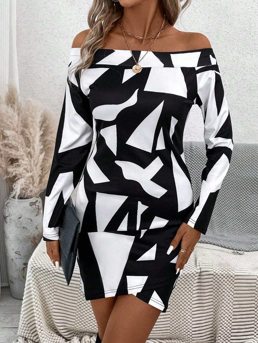 SHEIN LUNE Geo Print Off Shoulder Bodycon Dress - Black and White - View 1