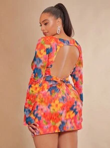 SHEIN BAE 大码圆领长袖时尚扎染紧身连衣裙 - 橘色 - 查看 2