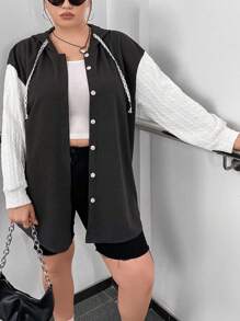 Flirla Plus Colorblock Drop Shoulder Drawstring Hooded Coat - Multicolor - View 5