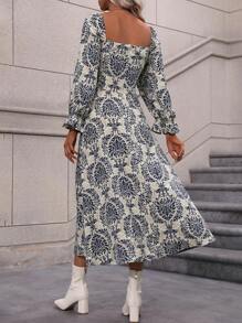 SHEIN LUNE 满版印花系带喇叭袖开衩长裙女装 - 藍色 - 查看 2
