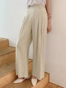 DAZY Solid Plicated Detail Wide Leg Pants - Apricot - View 3