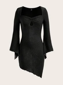Sweetina Cut Out Front Flare Sleeve Glitter Bodycon Mini Dress - Black - View 3