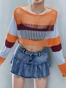 SHEIN Unity Suéter de punto corto con hombros caídos y bloques de color para otoño e invierno - Amarillo - Ver 5