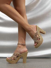 Sandalias de tacón alto elegantes y sexys con plataforma alta, decoradas con cristales de imitación de plata y perlas falsas, para mujer, de moda para primavera/verano - Dorado - Ver 5