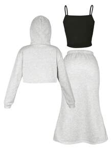 SHEIN Teen Girls Letter Graphic Hoodie & Skirt & Cami Top - Multicolor - View 2