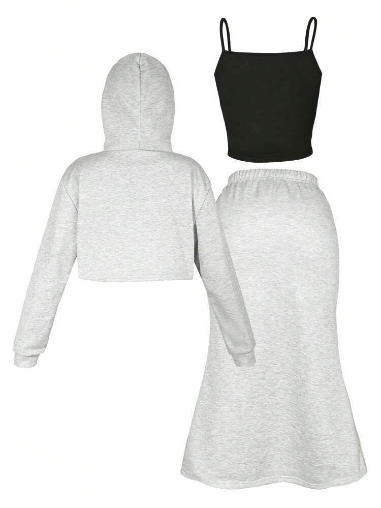 Teen Girls Letter Graphic Hoodie & Skirt & Cami Top