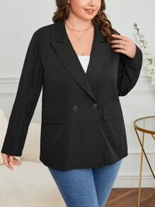 SHEIN Essnce Plus Peak Collar Double Button Blazer Graduation,Back To School,Teacher Outfits For Women In Fall/Winter - Black - View 6