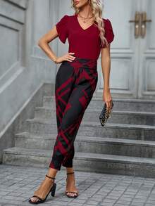 SHEIN Clasi 素色T恤&幾何印花長褲 - 酒紅色 - 查看 5