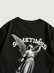 ROMWE MEN Street Life Men Slogan & Angel Graphic Tee, School - Black - View 6