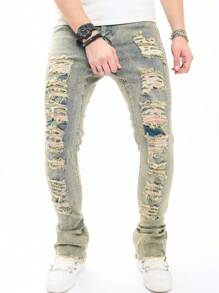 Chillumni Men Ripped Frayed Skinny Jeans - Blue - View 6