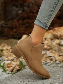 女性時尚尖頭粗跟美式短靴帶後拉鍊,一腳蹬風格 - 卡其色 - 查看 4