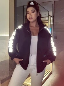 Plus Size Reflective Letter Graphic Zip Up Sweatshirt Thermal - Black - View 2