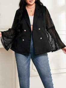 Celure 大碼網紗拼接喇叭袖雙排釦西裝外套 - 黑色 - 查看 5
