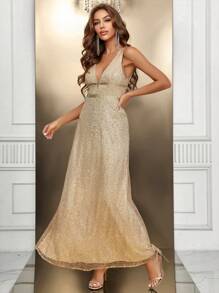 SHEIN Belle 深V領亮片正式洋裝 - 香檳色 - 查看 6