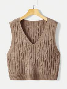 Flirla Plus Cable Knit Sweater Vest - Khaki - View 1