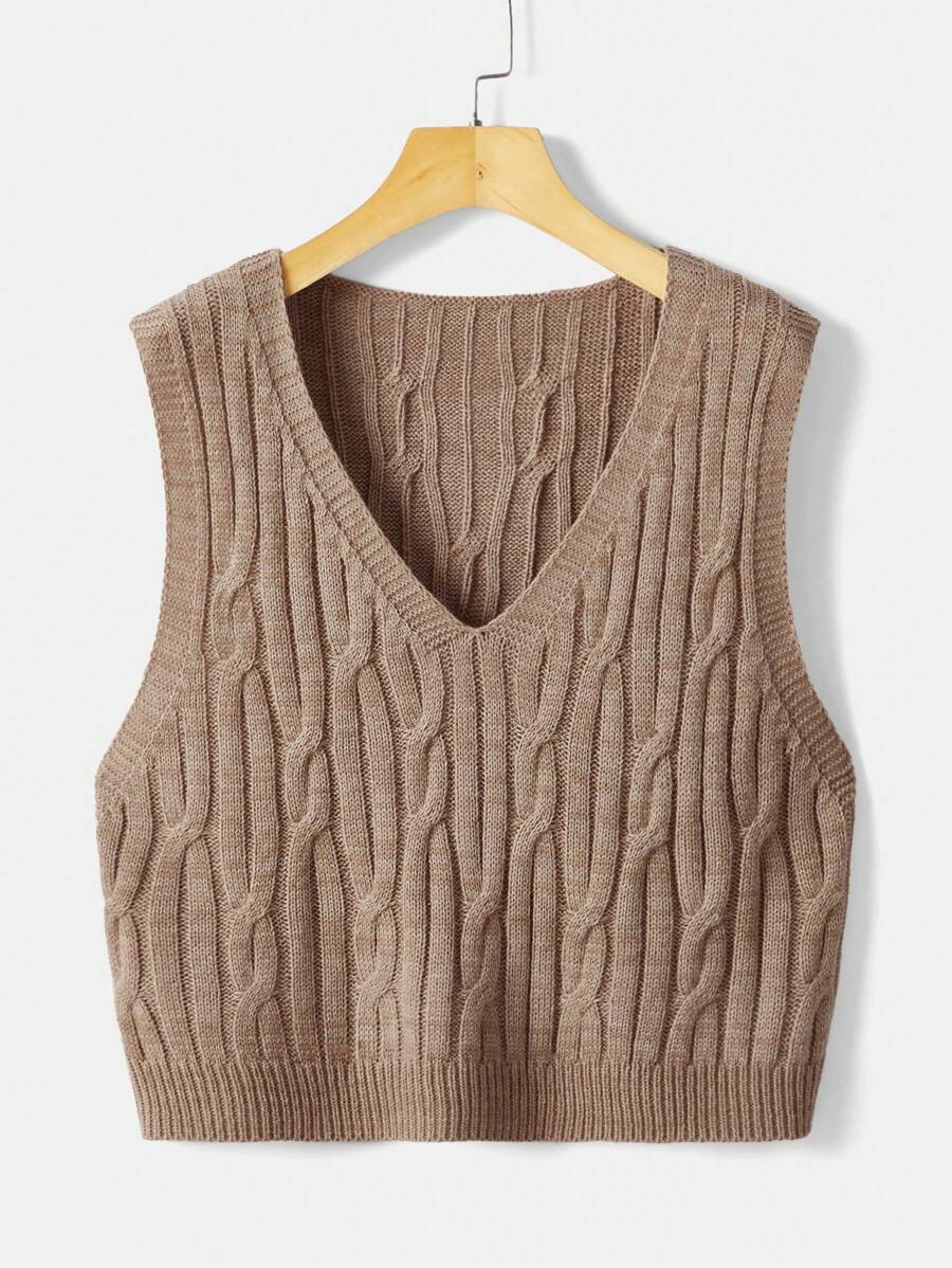 Flirla Plus Cable Knit Sweater Vest - Khaki - View 1