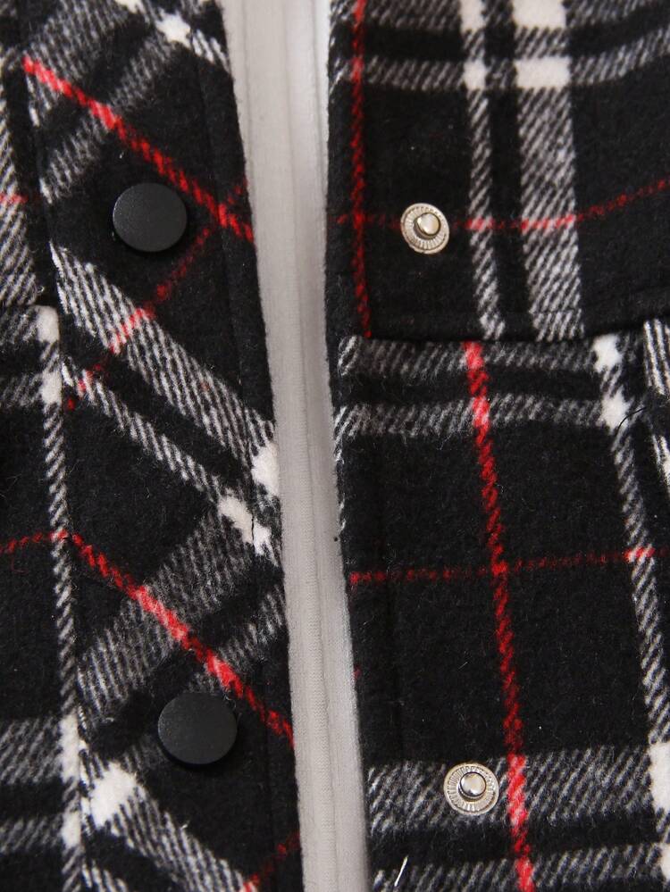 Young Boy 1pc Plaid Flap Detail Fuzzy Trim Hooded Overcoat