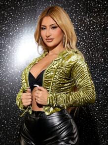 SHEIN SXY Áo khoác nhung ngắn dáng suông có khóa kéo, xếp ly, thích hợp cho tiệc đêm giao thừa, gợi cảm. - màu xanh lá - Xem 4