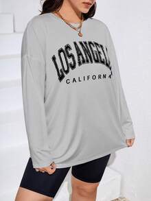 SHEIN Essnce Plus Letter Graphic Drop Shoulder Tee - Light Grey - View 5