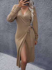 Chiquease Chất rắn Bọc Nút ven Áo len Mở - Màu Khaki - Xem 7