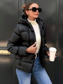 RueChic Zip Up Drawstring Hooded Puffer Coat - Black - View 3