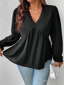 SHEIN Frenchy Cộng thêm áo kiểu ren viền ren guipure tay loe áo peplum - màu đen - Xem 3