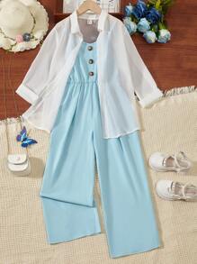 SHEIN Tween Girl Open Front Blouse & Wide Leg Cami Jumpsuit - Blue and White - View 1