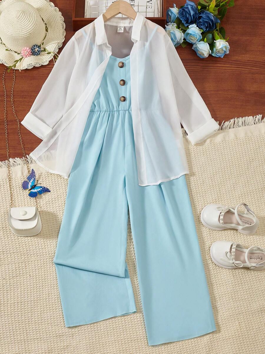 SHEIN Tween Girl Open Front Blouse & Wide Leg Cami Jumpsuit - Blue and White - View 1