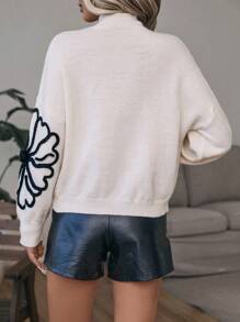 Louniche 花卉图案落肩立领毛衣，长袖上衣 - 白色 - 查看 2