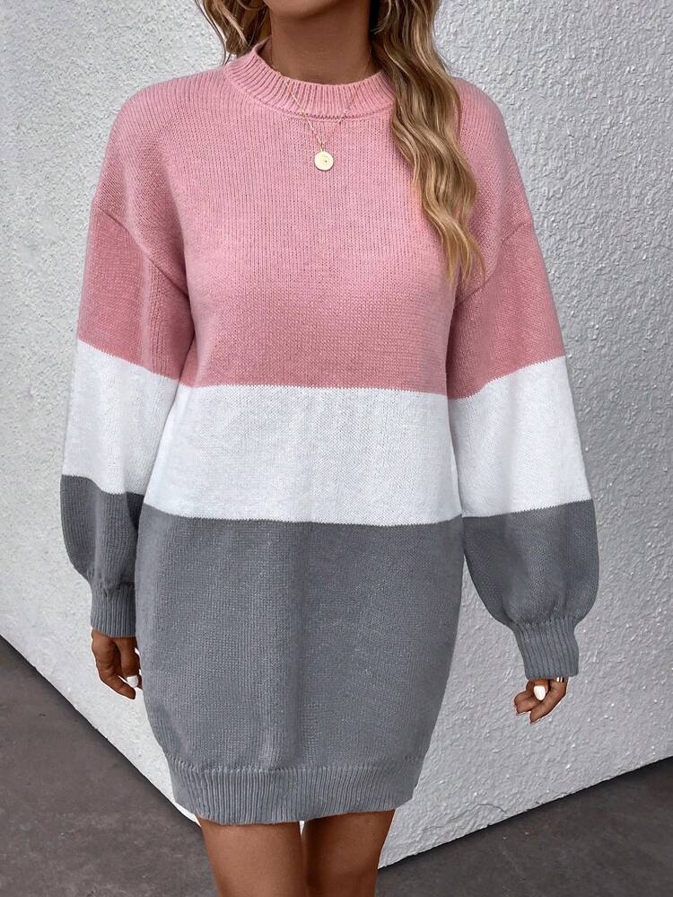 Color Block Drop Shoulder Sweater Dress Fall Winter Cloth For Women