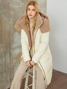冬季拉链连帽棉服大衣 - 米色 - 查看 4