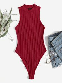 SHEIN Essnce 小高領條紋針織連身背心 - 酒紅色 - 查看 1