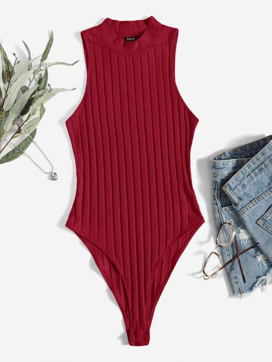 SHEIN Essnce 小高領條紋針織連身背心 - 酒紅色 - 查看 1