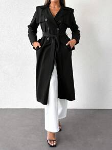 SHEIN Cottnline Double Breasted Belted Trench Coat - Black - View 1