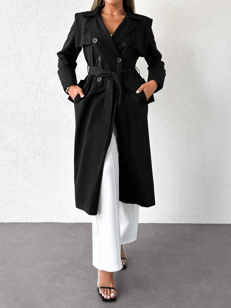 SHEIN Cottnline Double Breasted Belted Trench Coat - Black - View 1