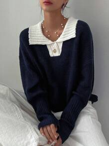 DAZY Contrast Collar Drop Shoulder Sweater,Long Sleeve Tops,Fall Clothes - Navy Blue - View 5