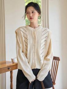 DAZY Dệt kim chấm bi Nút phía trước Áo len Mở - Màu be - Xem 2