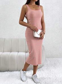 SHEIN PETITE Sọc Tách đùi Váy Dây - Hồng - Xem 4