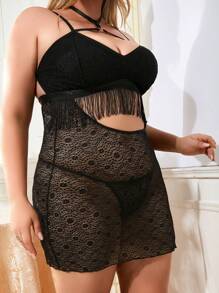 Spicy Aura Plus Fringe Hem Cut Out Lace Slips With Thong - Black - View 4