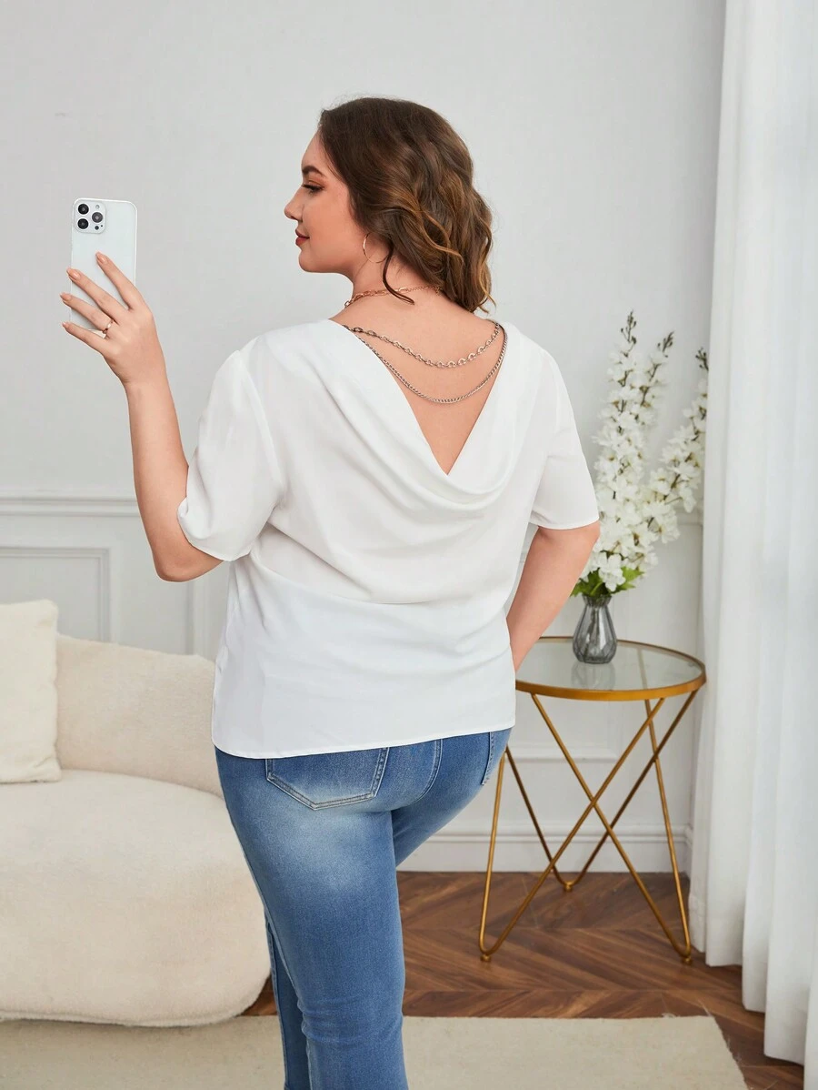 SHEIN Privé Talla grande Blusa con fruncido trasero con diseño de cadena - Blanco - Ver 1