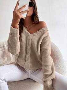 EMERY ROSE Solid Cable Knit V Neck Sweater Knit Pullover Fall Winter Outfit - Apricot - View 4