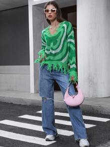 SHEIN Unity 蝴蝶图案做旧滚边落肩针织套头衫秋冬毛衣 - 綠色 - 查看 3