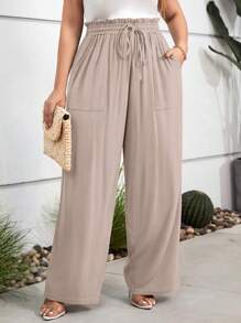 SHEIN LUNE Plus Paperbag Waist Knot Front Wide Leg Pants - Khaki - View 3